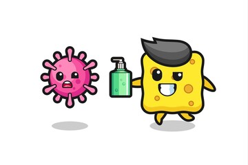 illustration of sponge character chasing evil virus with hand sanitizer