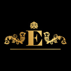 GOLDEN LETTER E INSIDE ORNAMENTAL FRAME