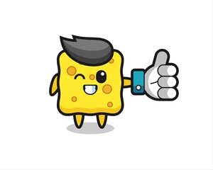 cute sponge with social media thumbs up symbol