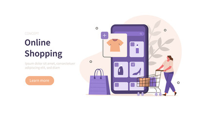 Character buying goods online on internet marketplaces. Woman shopping online in mobile app. Ecommerce and retail concept. Flat cartoon vector illustration.