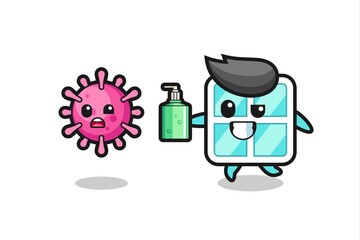 illustration of window character chasing evil virus with hand sanitizer