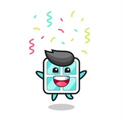 happy window mascot jumping for congratulation with colour confetti