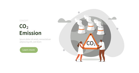 People holding CO2 warning sign near planet earth with smoking power plant pipes. Environment polluted by CO2 emission. Climate change problem concept. Flat cartoon vector illustration.
