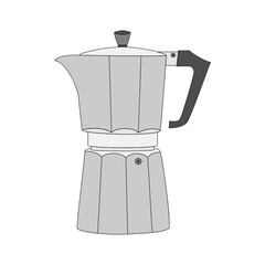 Illustrated moka pot - coffee brewing tool. Simple geometrical illustration with thin black outline. Isolated on white.