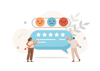 People сharacters giving five star feedback and writing review comments. Clients choosing satisfaction rating. Customer service and user experience concept. Flat cartoon vector illustration.