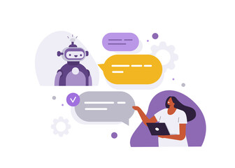 Woman having dialog with chat bot. Customer asking questions and receiving answers. AI chatbot assistance and FAQ concept. Flat cartoon vector illustration. 