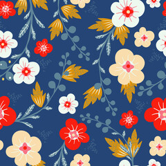 Marine blue with white, yellow and white red simple flowers seamless pattern background design.