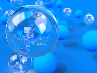 3D rendered illustrations of blue and clear ball spheres. Hydrogen molecules model for ecological fuels or modern solution industry. Visualization for blue energy.
