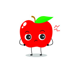 Vector illustration of a flat red apple character with cute angry expression isolated on white background, collection of simple minimal style, fresh fruit for mascot, emoticon
