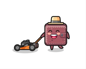 illustration of the leather wallet character using lawn mower