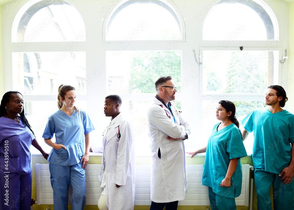 Wall mural group of medical professionals discussing in the hallway of a hospital