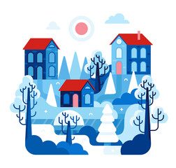 Vector illustration with houses with red roofs. Wwinter cartoon flat design