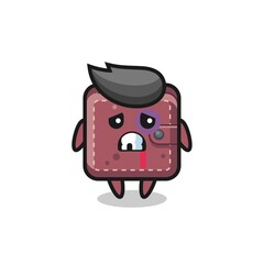 injured leather wallet character with a bruised face
