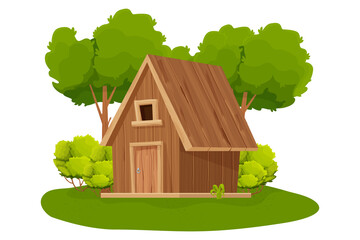 Obraz na płótnie Canvas Forest hut, wooden house or cottage decorated with trees, grass and bush in cartoon style isolated on white background. Cabin, country building with roof, window and door. . Vector illustration
