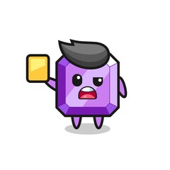 cartoon purple gemstone character as a football referee giving a yellow card