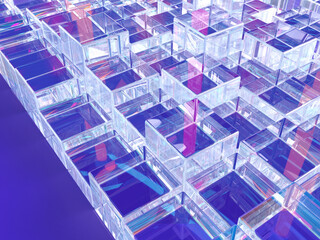 3D rendered glass blocks with interesting light reflections. Illustration of digital data blocks. 