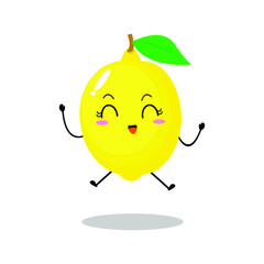 Vector illustration of a flat lemon character with cute happy jump expression isolated on white background, collection of simple minimal style, fresh fruit for mascot, emoticon