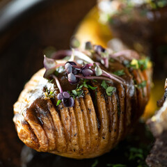 Close up of microgreens on top of baked potatoes. Crispy cooked potatoes cut into thin slices, garnished with green sprouts. Healthy eating. Soft focus. Square format.