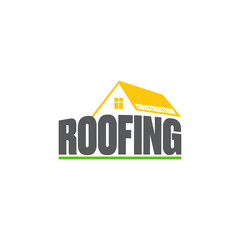 Roofing construction logo design template with roof top and slogan siolated on white background. Vector Real estate logo or label with stylized roof