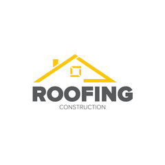 Roofing construction logo design template with roof top and slogan siolated on white background. Vector Real estate logo or label with stylized roof