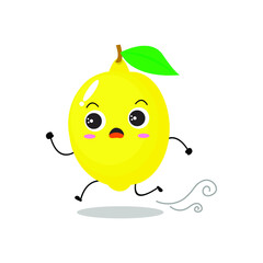 Vector illustration of a flat lemon character with cute running in hurry expression isolated on white background, collection of simple minimal style, fresh fruit for mascot, emoticon