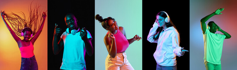Collage of portraits of five young joyful people enjoying music, dancing isolated over multicolored...