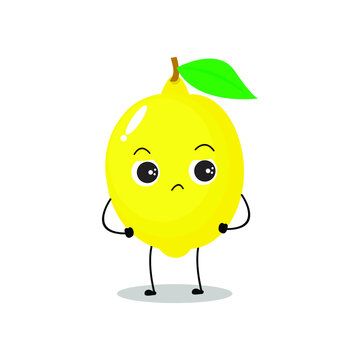 Vector illustration of a flat lemon character with cute angry expression isolated on white background, collection of simple minimal style, fresh fruit for mascot, emoticon