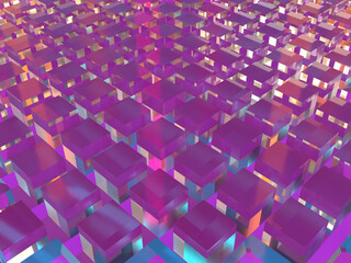 Fototapeta premium 3D rendered glass blocks in ordered structure with colorful light reflections on purple background. Illustration for data and storage center, blockchain technology, or cryptocurrency mining. 