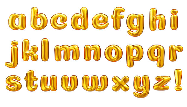 Balloon alphabet. Gold metallic lowercase letters. 3d vector realistic golden font. ABC foil decoration, part 2
