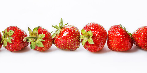 Food banner format. Sweet ripe strawberries on a white background. Juicy and tasty strawberries. Organic farmer food. Copy space. Fat-free, cholesterol-free, low-calorie eating