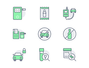 Breathalyzer line icons. Vector illustration include icon - police, sobriety, drug and alcohol control, alcoguard, mouthpiece outline pictogram for car alcolock. Green color, Editable Stroke