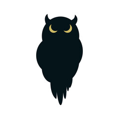 Black silhouette of a gloomy owl with glowing yellow eyes. Icon with an outline of a sitting bird, isolated on a white background. Halloween decor.