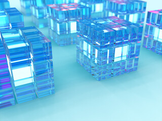 3D rendered stacked blue transparent cubes in a square shape on a light blue background. Illustration for virtual mining, cyberspaces, or digital technology. Illustration for cryptographic structures.