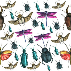 Pattern with stag beetle, butterfly, mother. beautiful pattern with insects. Beetle with wings. Watercolor butterflies, beetle. For wallpaper, textile, design, book, botany. stock graphics.  - 443594336