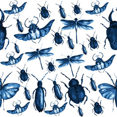 Pattern with stag beetle, butterfly, mother. beautiful pattern with insects. Beetle with wings. Watercolor butterflies, beetle. For wallpaper, textile, design, book, botany. stock graphics.  - 443594364