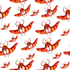 Pattern with stag beetle, butterfly, mother. beautiful pattern with insects. Beetle with wings. Watercolor butterflies, beetle. For wallpaper, textile, design, book, botany. stock graphics.  - 443594522