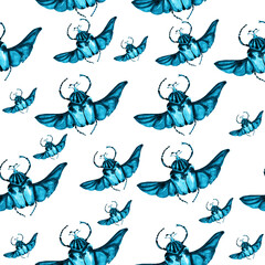 Pattern with stag beetle, butterfly, mother. beautiful pattern with insects. Beetle with wings. Watercolor butterflies, beetle. For wallpaper, textile, design, book, botany. stock graphics.  - 443594537