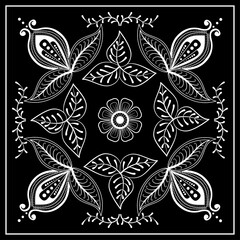 Fototapeta premium Black and white abstract bandana print with element henna style. Square pattern design for pillow, carpet, rug. Design for silk neck scarf, kerchief, hanky