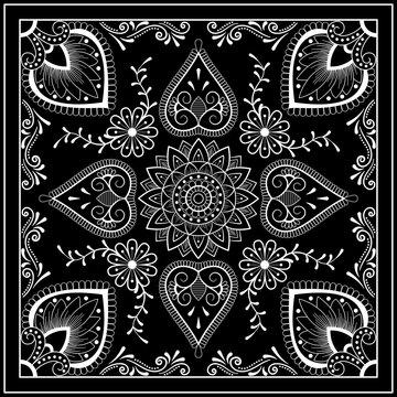Black and white abstract bandana print with  element henna style. Square pattern design for pillow, carpet, rug. Design for silk neck scarf, kerchief, hanky