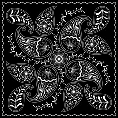 Black and white abstract bandana print with  element henna style. Square pattern design for pillow, carpet, rug. Design for silk neck scarf, kerchief, hanky