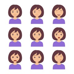 Different girl emotion set. Collection character expression. Women emoticon, avatar clipart