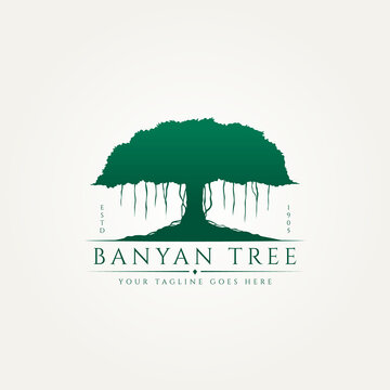 banyan tree classic silhouette premium logo template vector illustration design. environment, nature, ecology logo concept inspiration