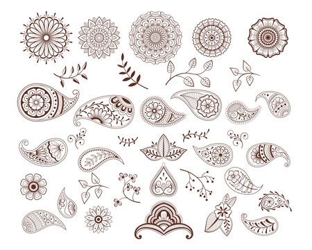 Decorative hand drawn element henna style collection.Flowers and paisley set for your design, tattoo. Henna-mehndi doodles design