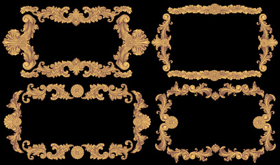 Vintage decorative ornamental gold frames. Design set. Editable hand drawn illustration. Vector engraving. Isolated on black background. 8 EPS