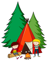 Camping tent with doodle kids cartoon character isolated