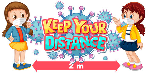 Keep your distance font design with two kids keeping social distance isolated on white background