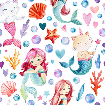 Seamless pattern, sea background with mermaids and cat, bubbles, seashells, corrals and starfish, watercolor drawing