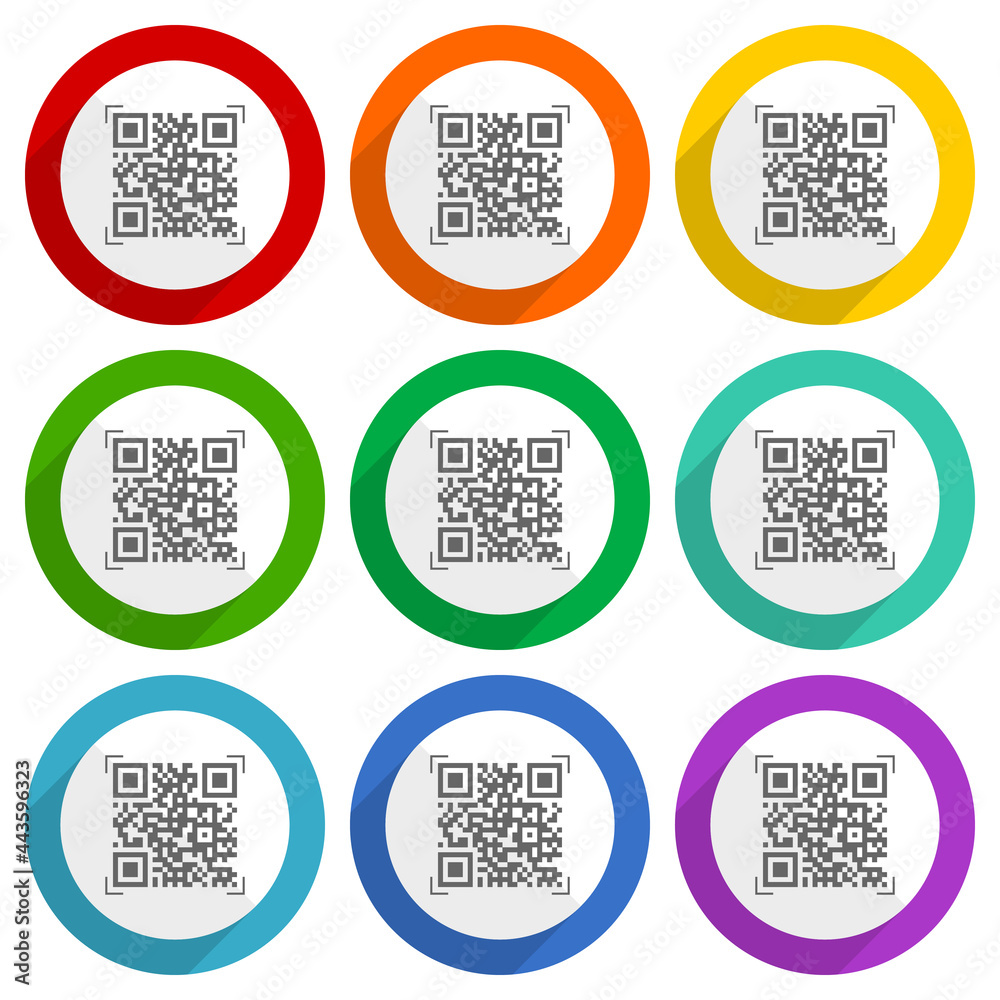 Poster Qr code, shopping vector icon set, flat design illustration with web buttons in 9 colors options in eps 10
