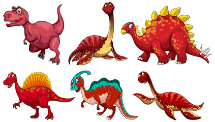 Set of red dinosaur cartoon character