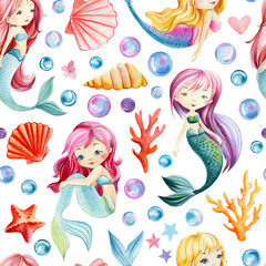 Obraz na płótnie Canvas Seamless pattern, sea background with mermaids, bubbles, seashells, corrals and starfish, watercolor drawing